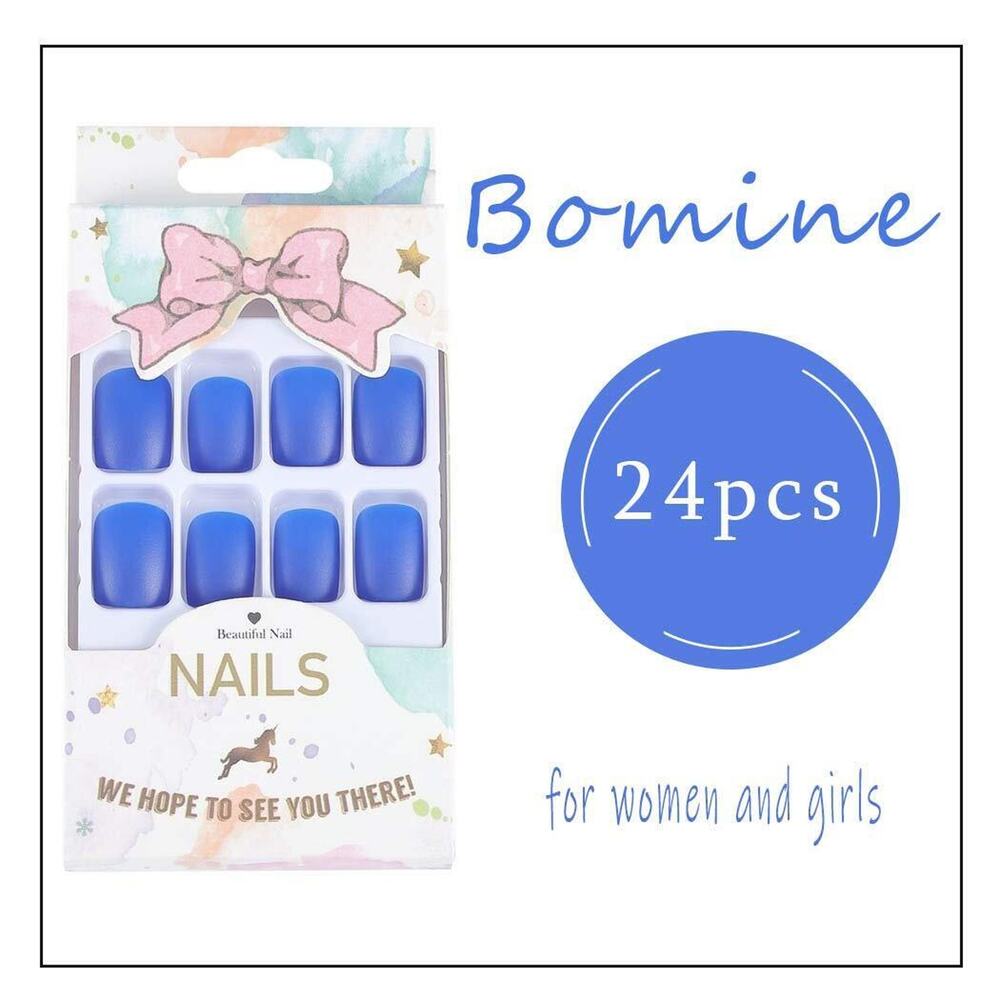 Blue Square Press on Nails, Short Fake Acrylic - False Nails for Women 24Pcs